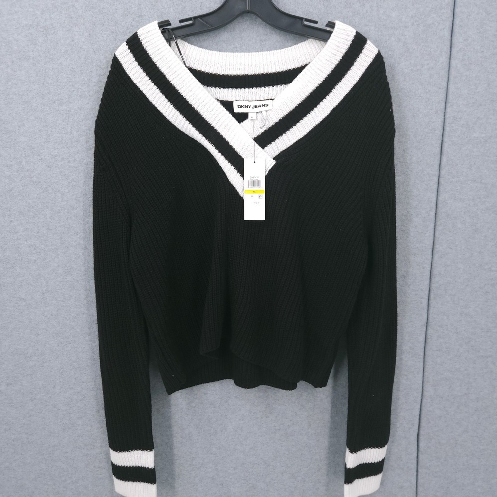 DKNY Jeans Varsity V Neck Relaxed Black Knit Sweater Womens Size M NWT